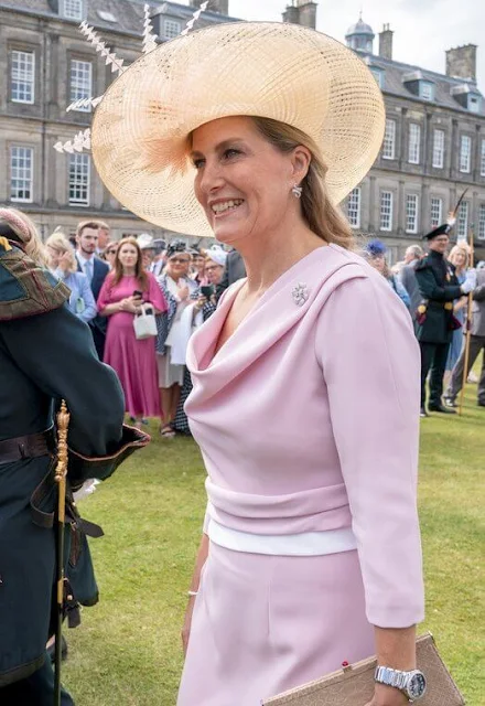 Countess of Wessex wpre a pink dress by Suzannah, Prada Natural Classic pumps, Sophie Habsburg clutch