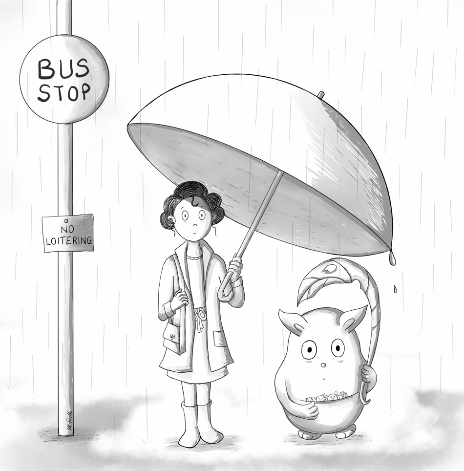 girl with umbrella and creature in the rain