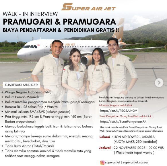 Pendaftaran Pramugari Super Air Jet Biaya Pendidikan Gratis 2023