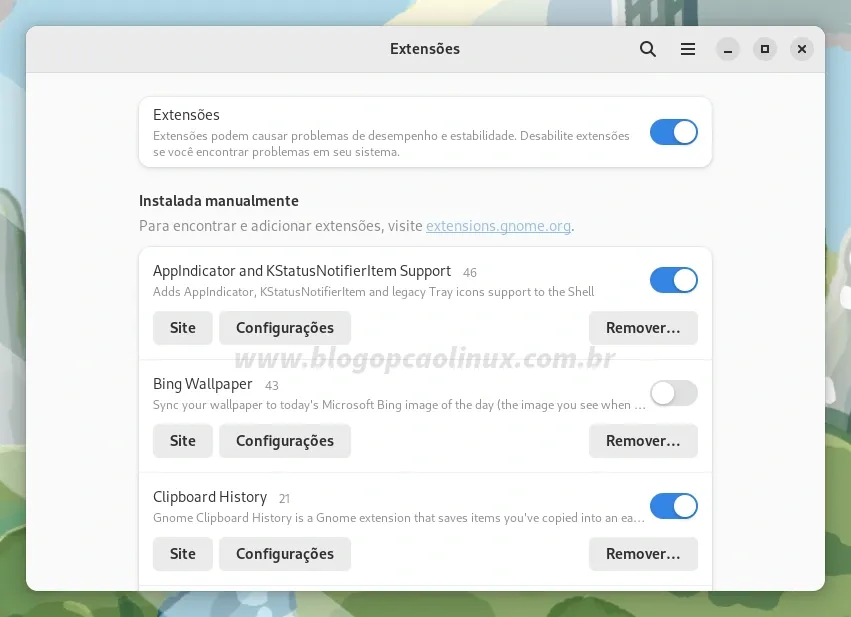 GNOME Extensions App executando no Fedora 37 Workstation