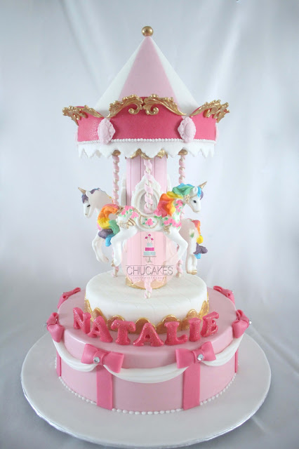fondant cake carousel unicorn unicorns horse ribbon gold