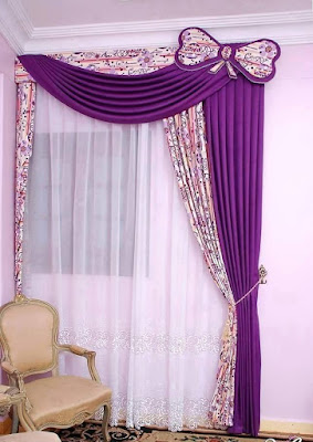 purple curtains with printed fabric and butterfly accent