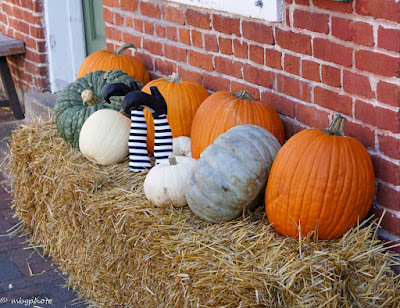haybale with pumpkins and witches feet