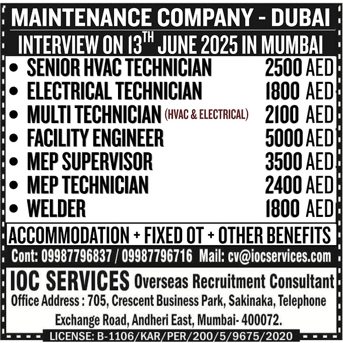 Dubai Maintenance Company Jobs – Walk-In Interview in Mumbai 2025