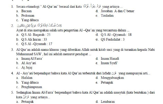 Soal UAS Al-Qur’an Hadits Kelas 10 Semester 1 K13 dan Jawabannya