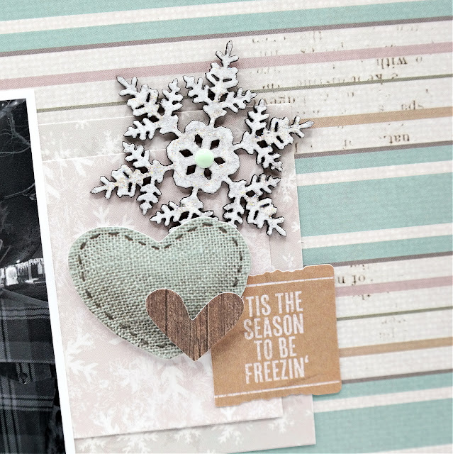 Winter vibes scrapbook layout featuring frosty chipboard embellishments coated in white paint and glitter using the Simple Stories Winter Woods line.