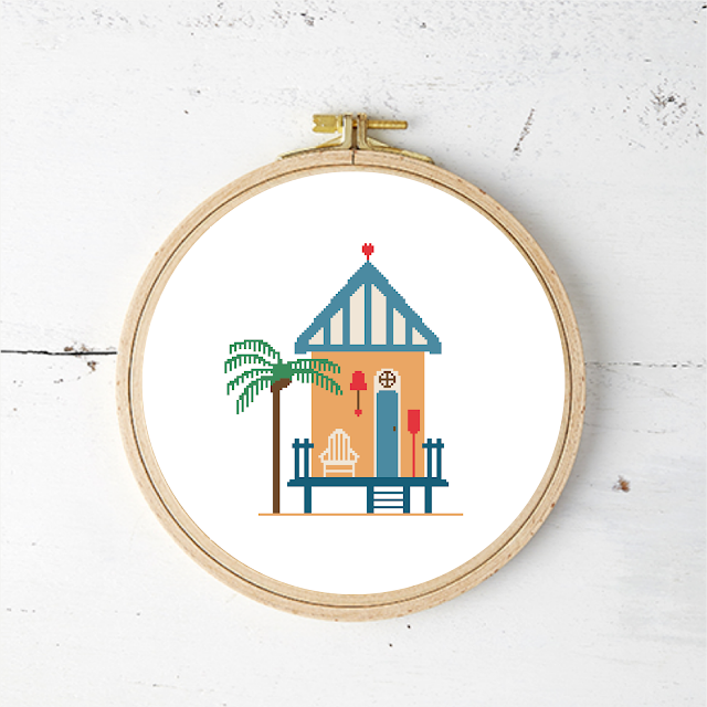 Beach Hut with Palm Tree - Cross Stitch Pattern