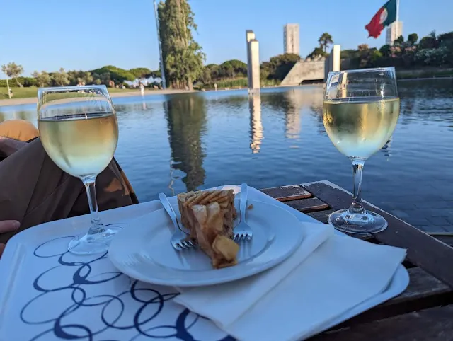 Two glasses of wine and apple cake at Linha d'Agua in Lisbon in June