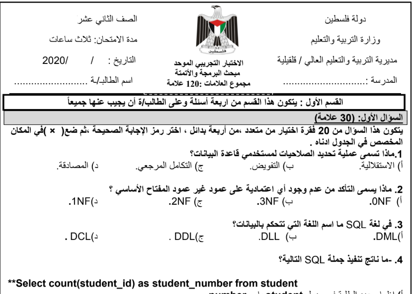 اسئلة امتحان التجريبي لمبحث التكنولوجيا لجميع الفروع للتوجيهي 2020