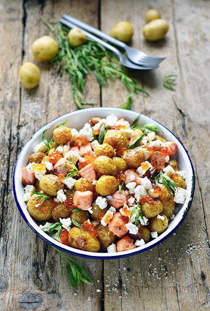 Mes pommes de terre primeur sautées aux deux saumons et à la feta 