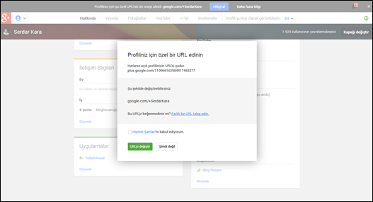 Google+ Kişiye Özel URL
