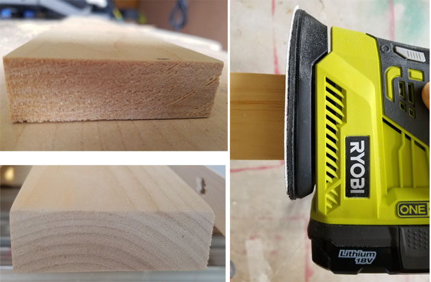 rough and smooth ends on wooden planks wit Ryobi cordless sander