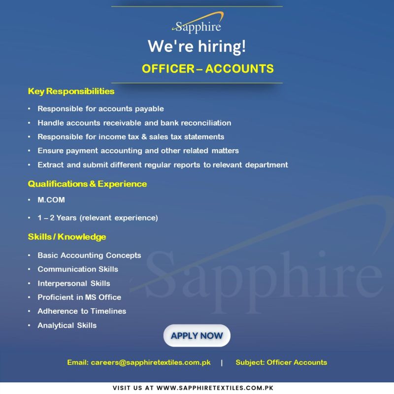 Sapphire Fibres Ltd Jobs For Officer - Accounts