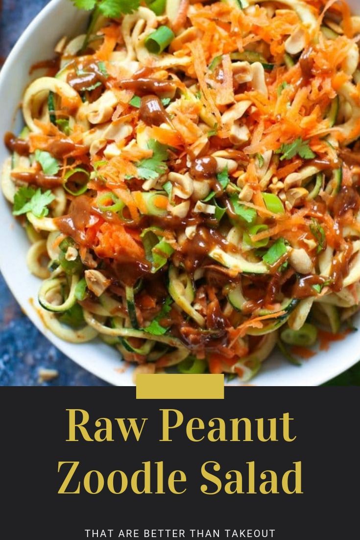 15 minute Raw Peanut Zoodle Salad with spiralized zucchini, shredded carrots and a simple peanut dressing.