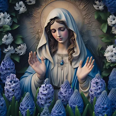 Imágenes de la Virgen María entre un jardín de jacintos azules