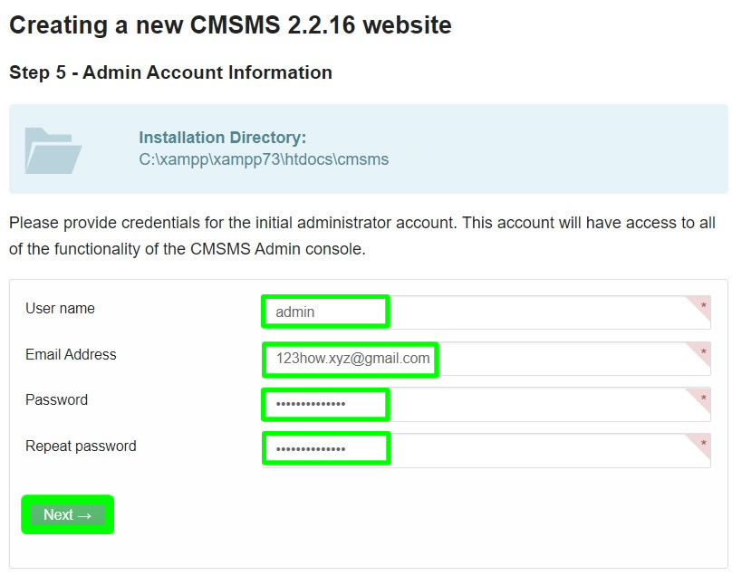 cmsms installation admin account information