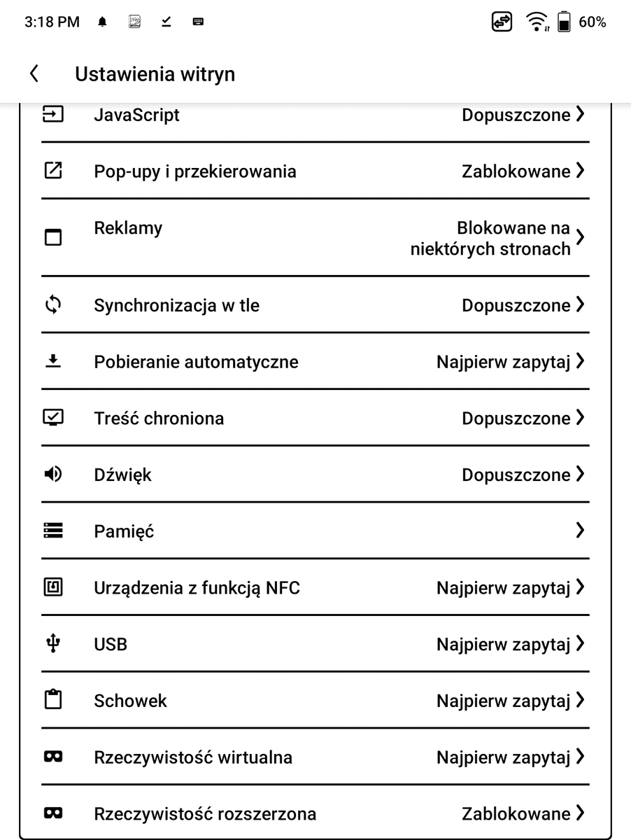 Onyx Boox Page – ustawienia witryn w przeglądarce internetowej