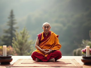 The Dalai Lama meditating in a serene setting.