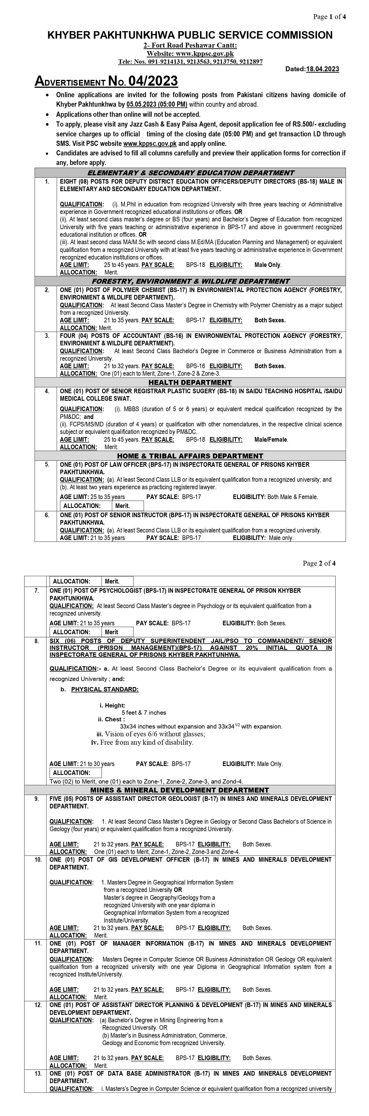 Khyber Pakhtunkhwa Public Service Commission KPPSC Jobs 2023 - Latest Advertisement