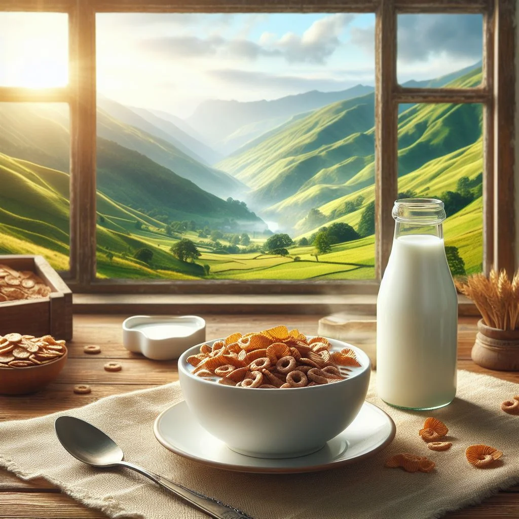 plato de cereal frente a una ventana con vista al campo