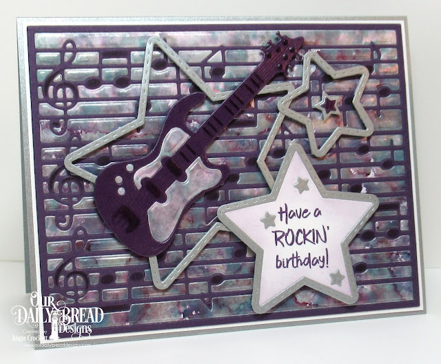 ODBD Jesus Rocks, ODBD Custom Musical Notes Background Die, ODBD Custom Guitar Dies, ODBD Custom Double Stitched Stars Dies, ODBD Custom Sparkling Stars Dies, Card Designer Angie Crockett