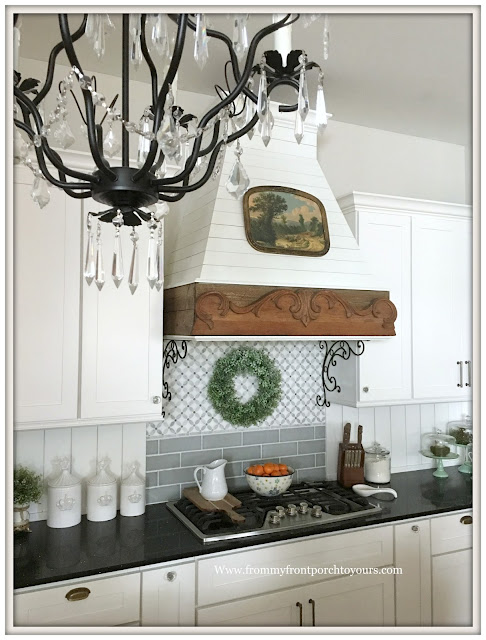 French Country Farmhouse Kitchen-Custom Range Hood-Shiplap-Custom Backsplash-From My Front Porch To Yours