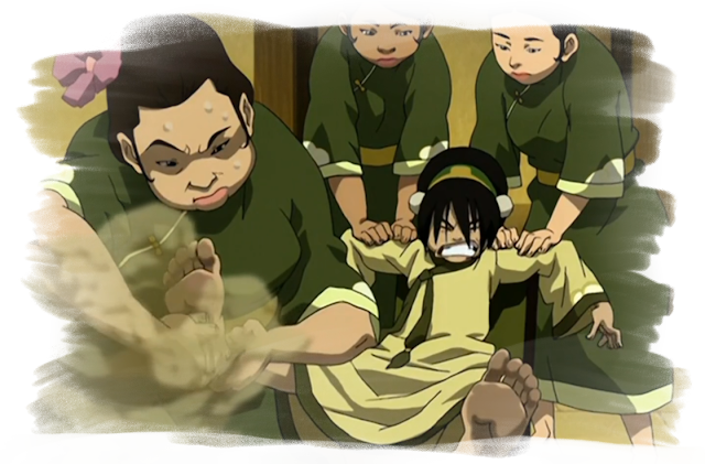 An image of Toph in a bath robe being held down in a chair by two spa workers while a third scrubs at her feet so hard that she is sweating. Meanwhile Toph is fighting against the two holding her down and has a facial expression like she is in a great deal of pain.