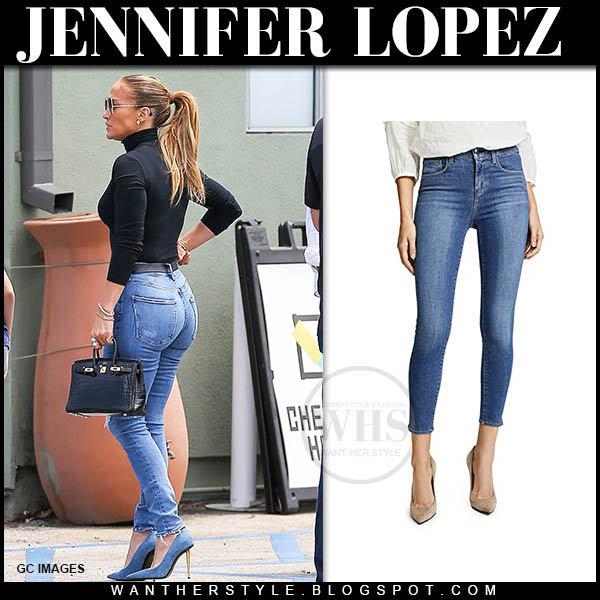 Jennifer Lopez in black turtleneck top and skinny jeans