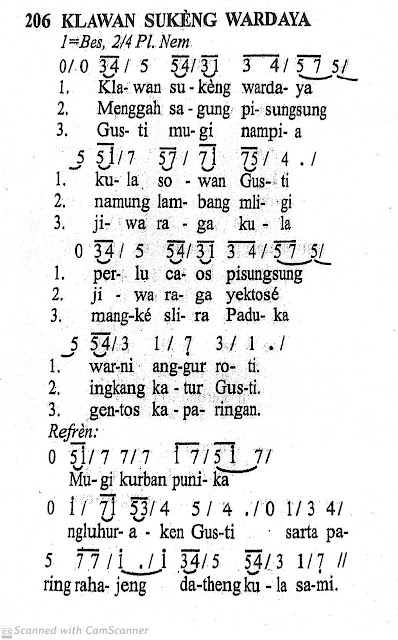 1. Klawan sukeng wardaya kula sowan Gusti perlu caos pisungsung warni anggur roti. Refren : Mugi kurban punika ngluhuraken Gusti sarta paring rahajeng datheng kula sami 2. Menggah sagung pisungsung namung lambang mligi jiwa raga yektose ingkang katur Gusti 3. Gusti mugi nampia jiwa raga kula mangke slira Paduka gentos kaparingan