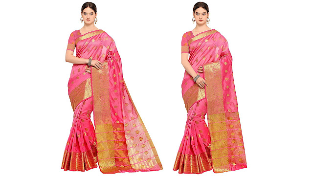 Mrinalika Fashion Silk Blend Saree With Blouse Piece (Pink_Free Size)