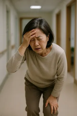 앉았다 일어설 때 어지럼증을 느끼는 중년 여성의 모습