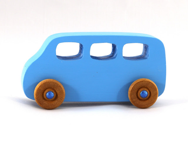 Wood Toy Minivan, Handmade and Finished with Baby Blue and Metallic Blue Acrylic Paint and Amber Shellac, Play Pal Series