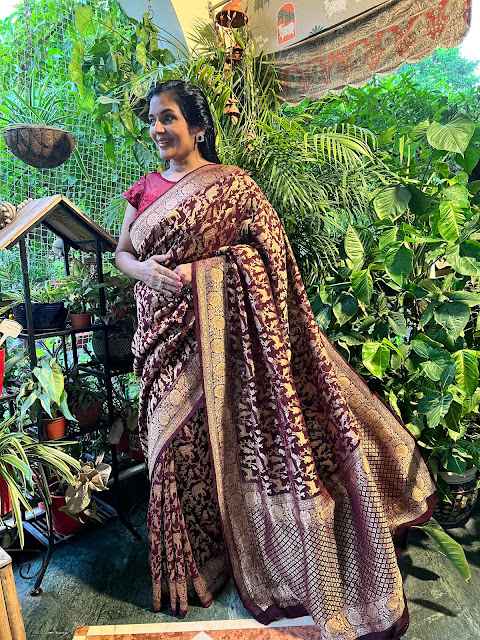 Khaddi georgette Shikargah saree in wine colour saree