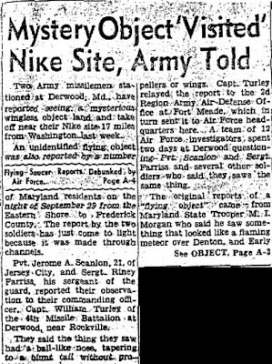 Mystery Object 'Visited' Nike Site, Army Told (Head - On Black) - Washington Evening Star 12-7-1958