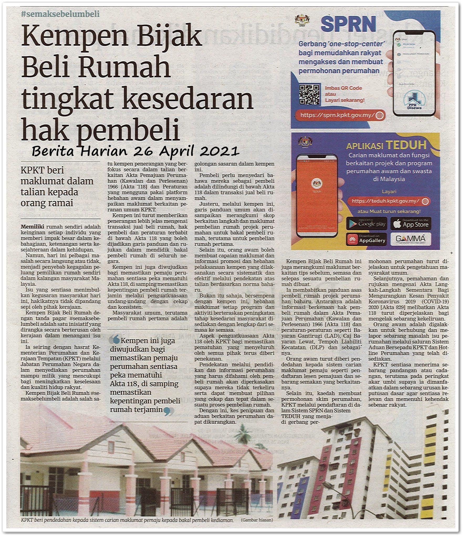 Kempen Bijak Beli Rumah tingkat kesedaran hak pembeli - Keratan akhbar Berita Harian 26 April 2021