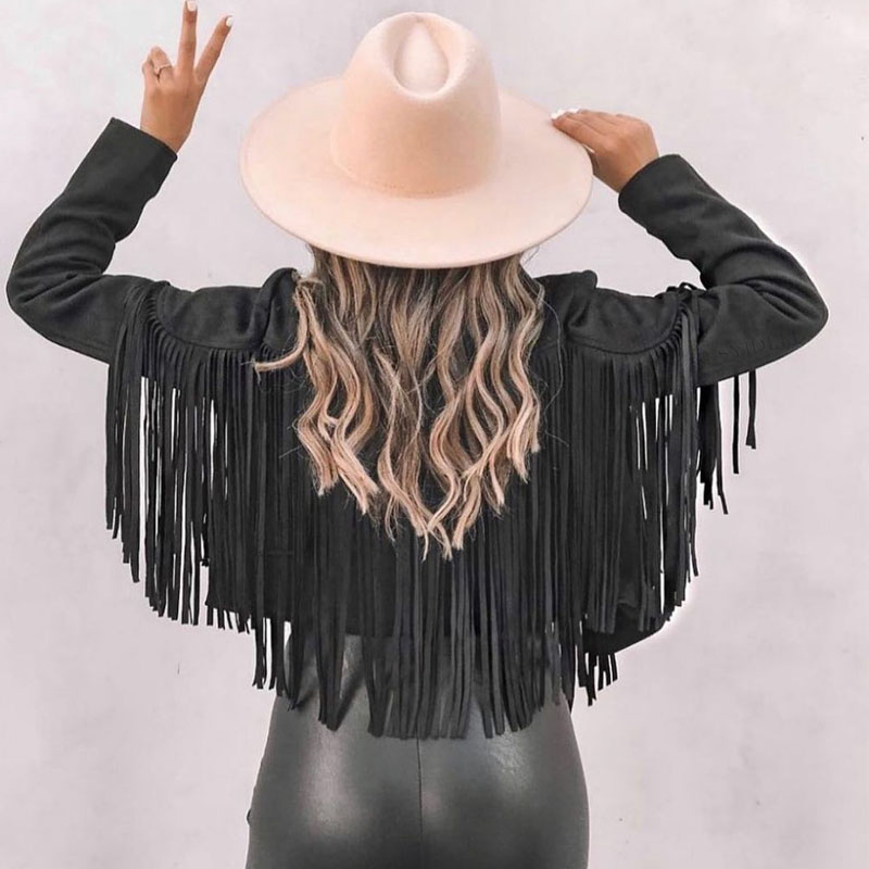 Fashion Tassel Cardigan Women Y2k Fringed Hem Crop Tops Motor Biker Jacket Suede Leather Jacket Vintage Coat Autumn Woman Jacket