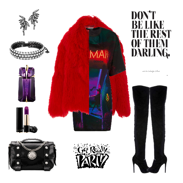 Red fur, black with neon print over-sized tee as a dress and thigh high leather boots.