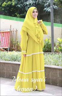 Baju Gamis Pesta Polos Anggun 2019 Mona Syar'i warna mustard bahan ceruty