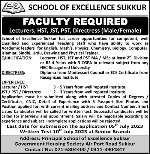 HST,JST,PST School of Excellence Jobs Sukkur