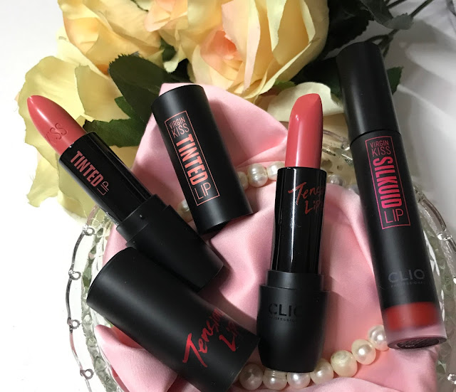 a photo of CLIO Virgin Kiss Tension Lip Butter Kiss, CLIO Virgin Kiss Tinted Lip Irony and CLIO Virgin Kiss SIlkuid in insane red review.