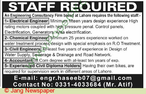 Electrical Engineer Chemical Engineer Accountant Jobs In Lahore 2013 ad published in Jang Newspaper on 25 June