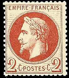 Timbre "Empire Lauré" brun-rouge de 2 centimes, 1870 (collection particulière)