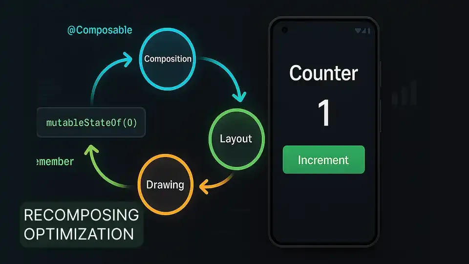 Jetpack Compose Recomposition Debugging and Performance Optimization Guide Diagram showing Jetpack Compose recomposition phases with Android phone displaying UI updates and code optimization examples