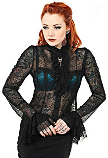 women's steampunk black blace button up victorian sheer blouse. women's steampunk neo-victorian clothing.