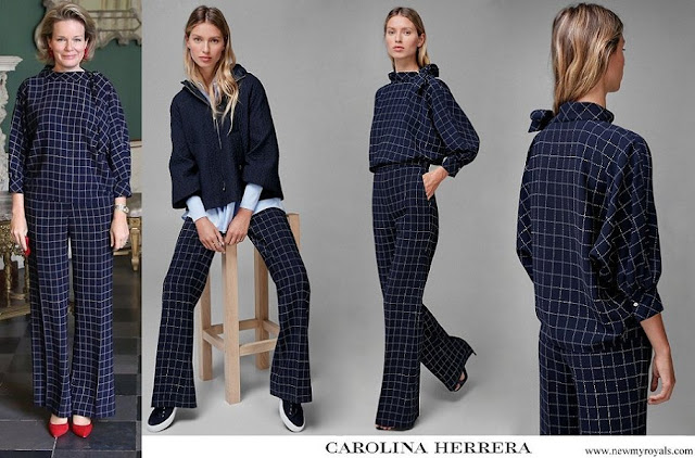 Queen Mathilde wore Carolina Herrera oversized blouse with bow and Carolina Herrera printed crepe pants