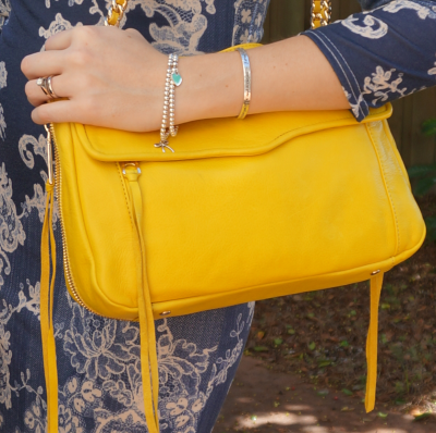 Rebecca Minkoff Swing bag in canary yellow with blue paisley print dress