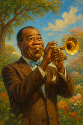 Alt text: A traditional oil or acrylic painting of Louis Armstrong joyfully playing the trumpet outdoors, surrounded by lush green trees and vibrant flowers under a bright blue sky with soft clouds.