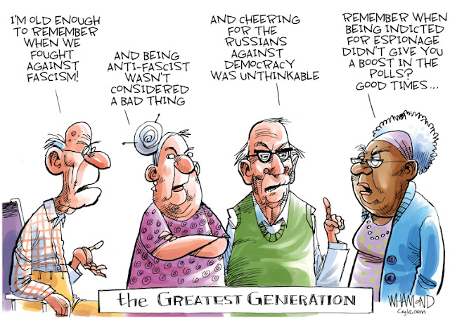 Title:  The Greatest Generation.  Image:  Four old men and women.  Old man says, 