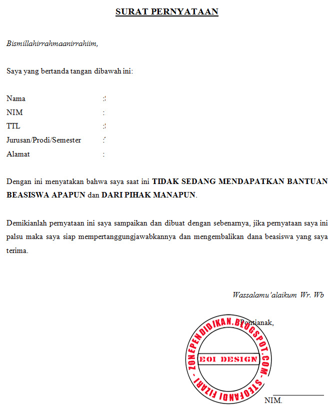 Contoh Surat Pernyataan Orang Tua Tidak Sedang Menerima 