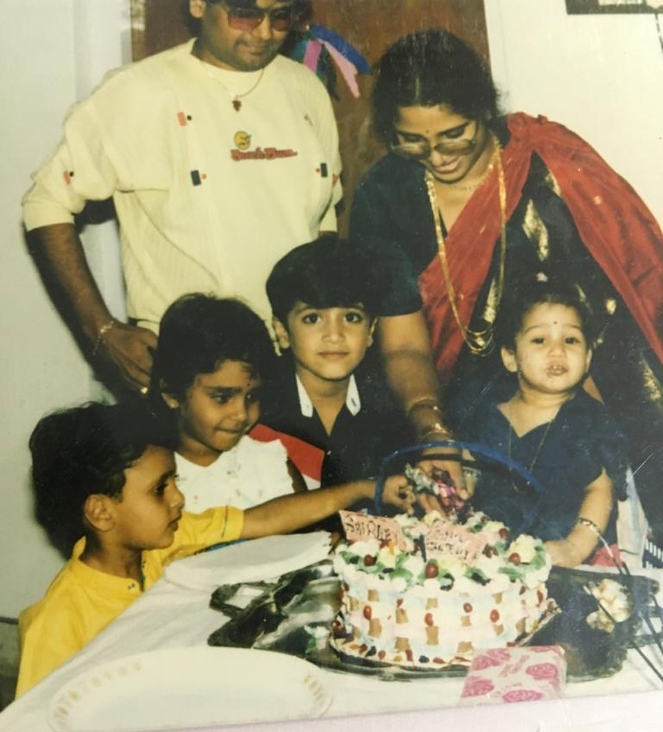 Telugu Actor Adivi Sesh (Adivi Sesh Sunny Chandra) Childhood Pic with his Parents Father Chandra Adivi, Mother Bhavani Adivi, Younger Sister Shirley & Cousins at Younger Sister Shirley Birthday | Telugu Actor Adivi Sesh (Adivi Sesh Sunny Chandra) Childhood Photos | Real-Life Photos